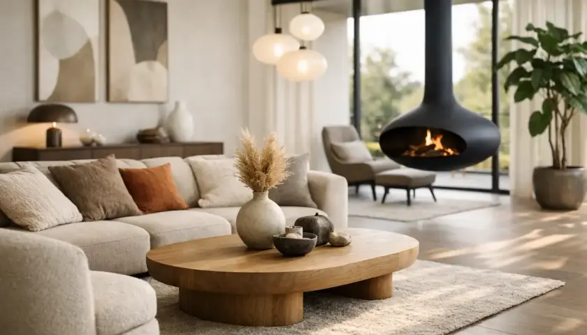 Ett modernt vardagsrum med en bekväm soffa, ett unikt hängande eldstad och en stor fönsterutsikt.