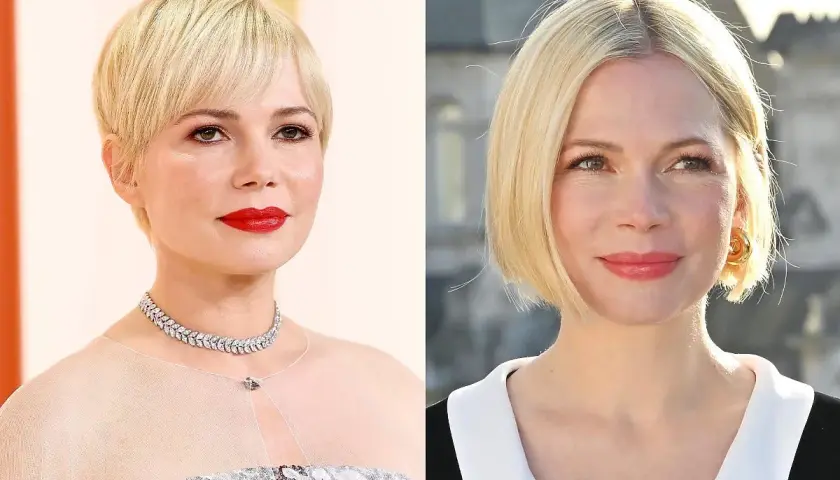 Michelle Williams w krótkich włosach i bobie. Krótsza fryzura z grzywką może sprawić, że twarz będzie wyglądać na smuklejszą.