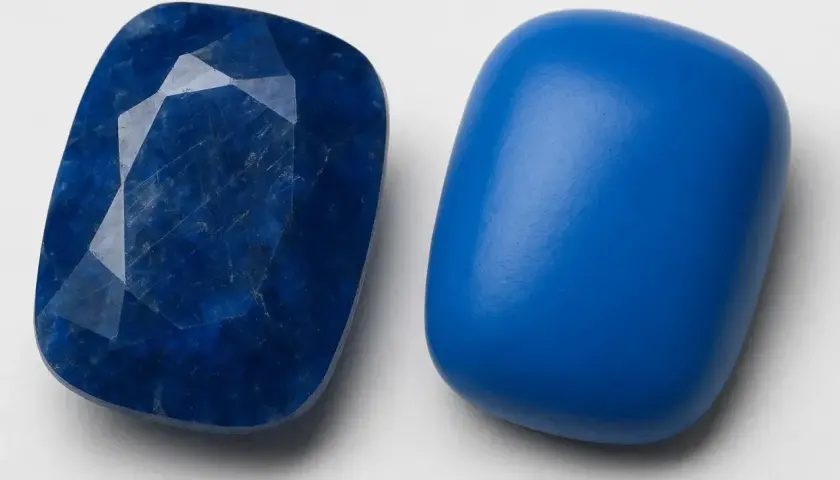 Zwei blaue Steine nebeneinander. Einer ist facettiert und tiefblau, der andere glatt und leuchtend. Ihre Bedeutung liegt in ihrer Schönheit und Vielfalt.