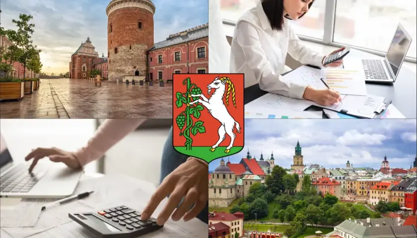 Kolaż: Zamek Lubelski, herb Lublina, kobieta z kalkulatorem i laptopem, panorama miasta.
