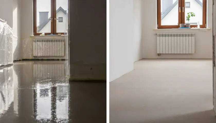 Po lewej mokra wylewka samopoziomująca, po prawej sucha, gotowa pod panele. Czas schnięcia zależy od warunków.