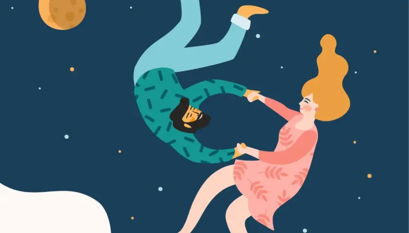 Coppia che fluttua nel cielo stellato, tenendosi per mano. Un invito a capire se si è pronti per una relazione, lasciandosi trasportare.