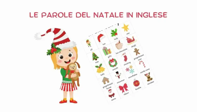 Un'elfa sorridente con un pupazzo tiene un foglio con parole di Natale in inglese, come "star", "hat", "gifts", "snowman", "reindeer".
