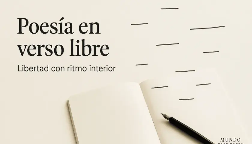 En öppen anteckningsbok med en fjäderpenna. Texten "Poesía en verso libre" och "Libertad con ritmo interior" antyder att det är dags att skriva om texter.