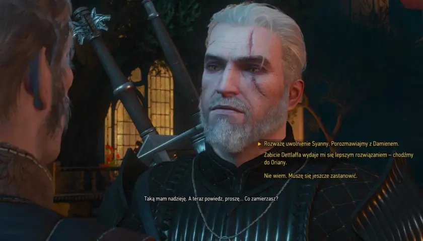 Geralt z Rivii w grze Wiedźmin 3 Długa Noc, rozważa trudne decyzje. Jego blizny i zmęczone oczy świadczą o ciężkiej nocy.