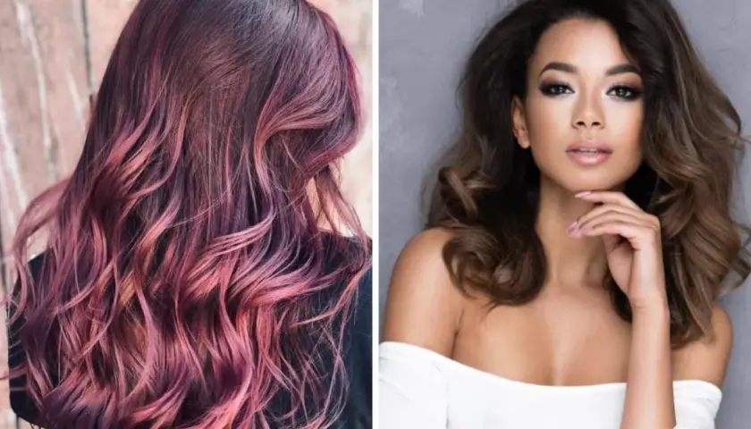 Cabello ondulado con degradado de color morado a rosa, ideal como color de pelo para morenas. A su lado, una mujer con cabello castaño oscuro y ondas suaves.