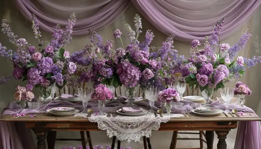 Magnifique table de mariage bohème ornée de bouquets de fleurs mauves et lilas, nappes en dentelle et tissus vaporeux.