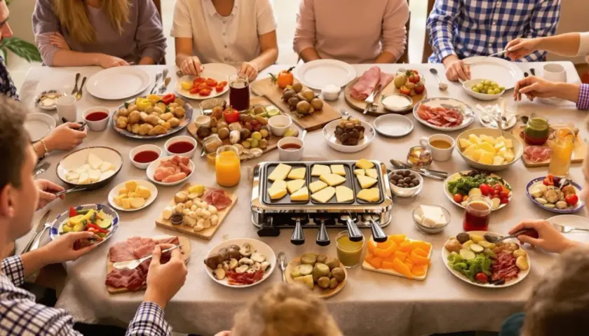 Une joyeuse tablée partage une raclette maison conviviale, avec fromage fondant, charcuteries et légumes variés.