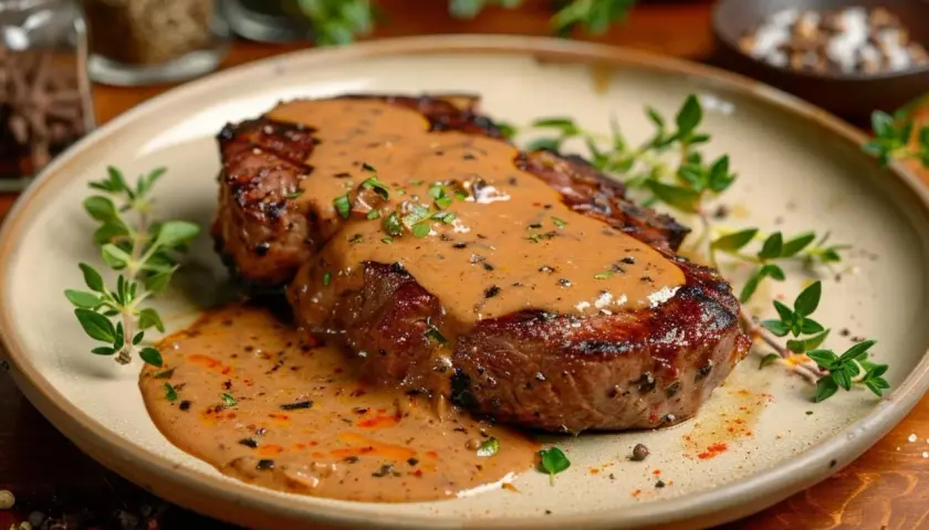 Un steak juteux nappé d'une onctueuse sauce au poivre, garni de brins de thym frais. Un délice pour les yeux et les papilles.