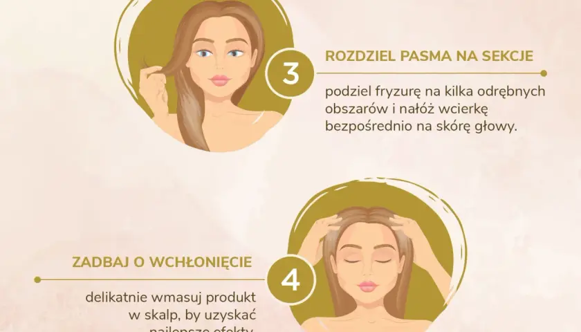 Jak używać wcierki do włosów: podziel pasma, nałóż produkt na skórę głowy i delikatnie wmasuj dla najlepszych efektów.