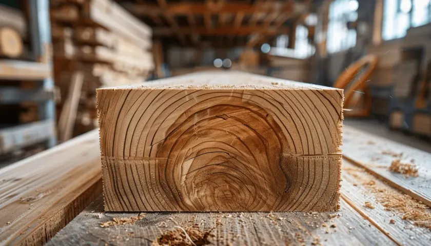 Section transversale d'une poutre en bois, révélant les anneaux de croissance et la beauté naturelle de la structure en lamellé collé.