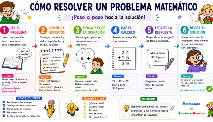 Guía para resolver problemas matemáticos de 4 primaria: lee, identifica datos, elige operación, calcula, escribe respuesta y revisa.