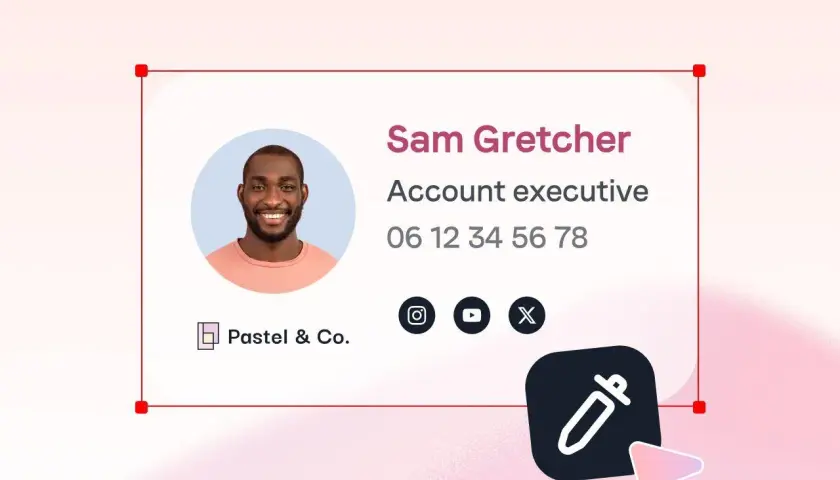 Signature mail de Sam Gretcher, Account Executive chez Pastel & Co. avec photo, numéro et icônes réseaux sociaux.