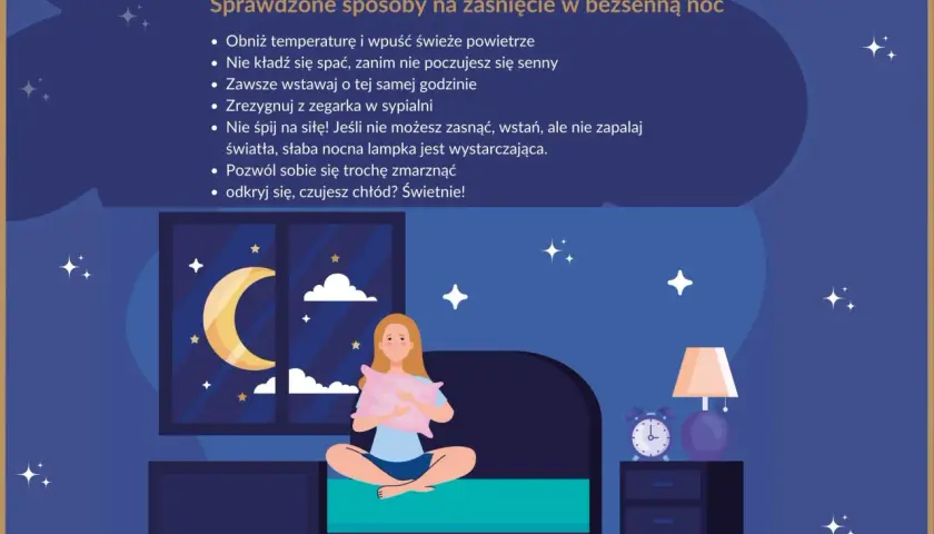 Dziewczyna nie może zasnąć. Ilustracja podpowiada, jak zapewnić sobie spokojną noc po francusku, z księżycem i gwiazdami za oknem.