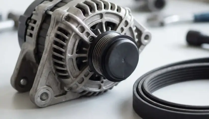Alternator z rolką i paskiem. Objawy zużycia sprzęgła alternatora mogą być różne, np. hałas.