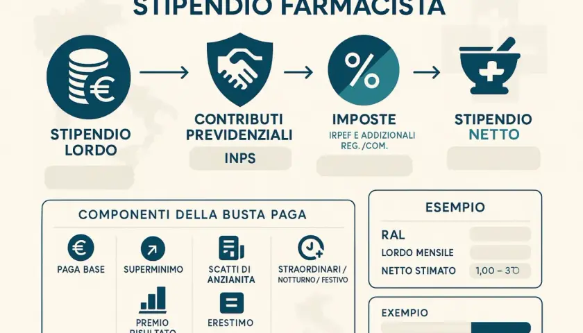 Schema illustra il calcolo stipendio netto farmacista: da lordo a netto, passando per contributi e imposte. Include componenti busta paga ed esempio.