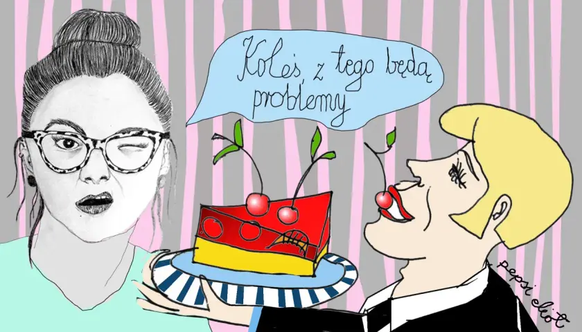 Kobieta z okularami i ciastko z wiśniami. Mężczyzna mówi: "Koleś, z tego będą problemy", bo ma wolny metabolizm.