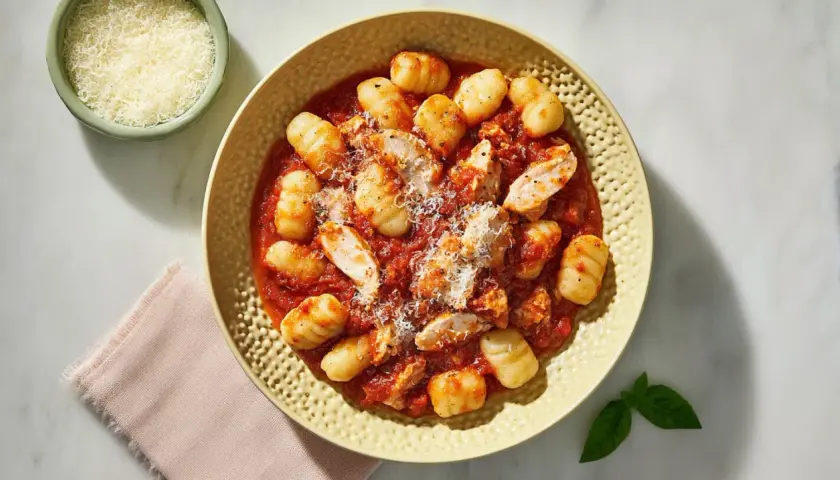Pyszne gnocchi z kurczakiem w sosie pomidorowym, posypane parmezanem. Idealne danie na szybki obiad.