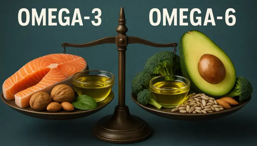 Waga pokazuje równowagę między kwasami omega-3 (łosoś, orzechy) a kwasami omega-6 (awokado, brokuły, nasiona).