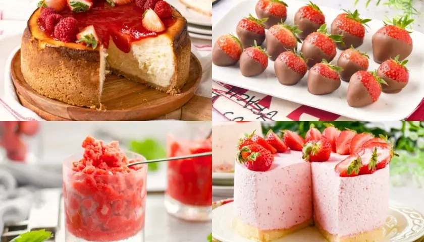 Pastel de queso con fresas, fresas cubiertas de chocolate, granizado de fresa y tarta de mousse de fresa. ¡Deliciosos postres de fresa!