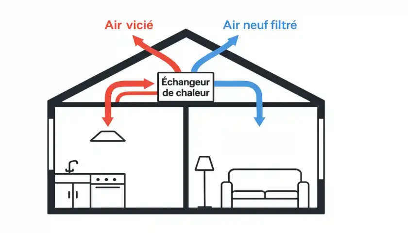 Schéma d'une maison montrant le fonctionnement d'une VMC double flux pour la rénovation : l'air vicié est extrait et l'air neuf est filtré et réchauffé.