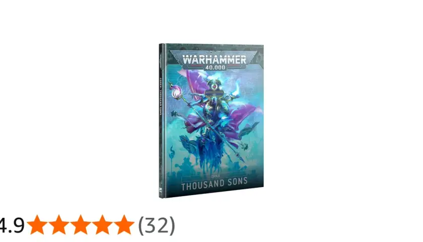Okładka Warhammer 40,000 Codex: Thousand Sons. Mistyczny mag w niebiesko-fioletowych szatach dzierży kostur.