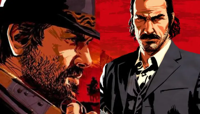 Dwóch mężczyzn z gry Red Dead Redemption, jeden z karabinem, drugi w garniturze. Fani zastanawiają się, kiedy będzie Red Dead Redemption 3.