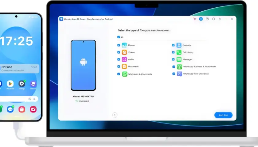 Odzyskiwanie danych Android z telefonu Xiaomi za pomocą Dr.Fone. Wybierz typy plików do odzyskania: zdjęcia, filmy, kontakty, wiadomości WhatsApp i inne.