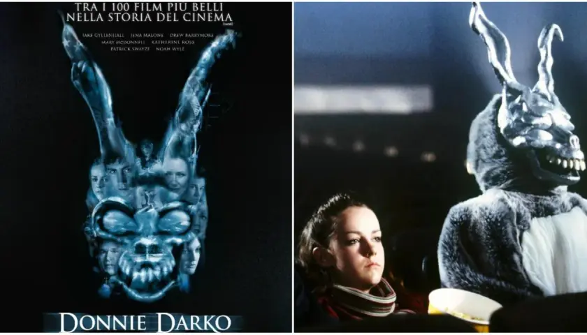 Locandina e scena iconica di Donnie Darko, un film che merita una recensione approfondita per la sua atmosfera unica e la sua trama complessa.