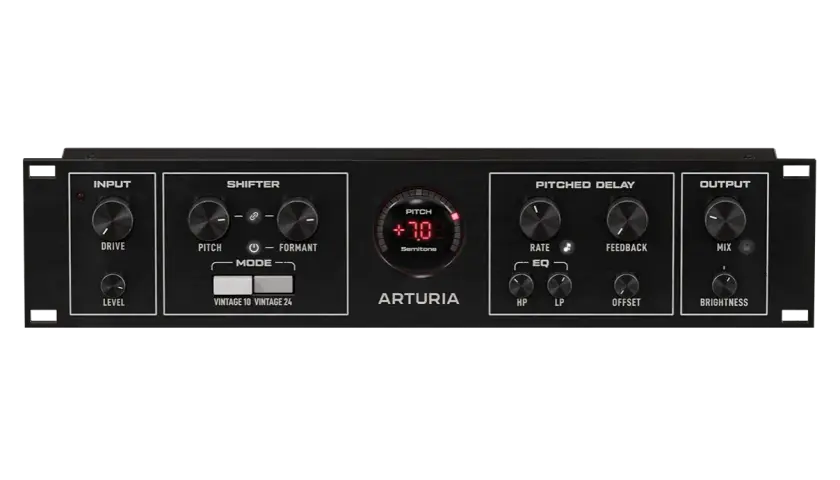 Arturia Pitch Shifter VST: schwarzes Rack-Gerät mit Reglern für Input, Shifter, Pitched Delay und Output.