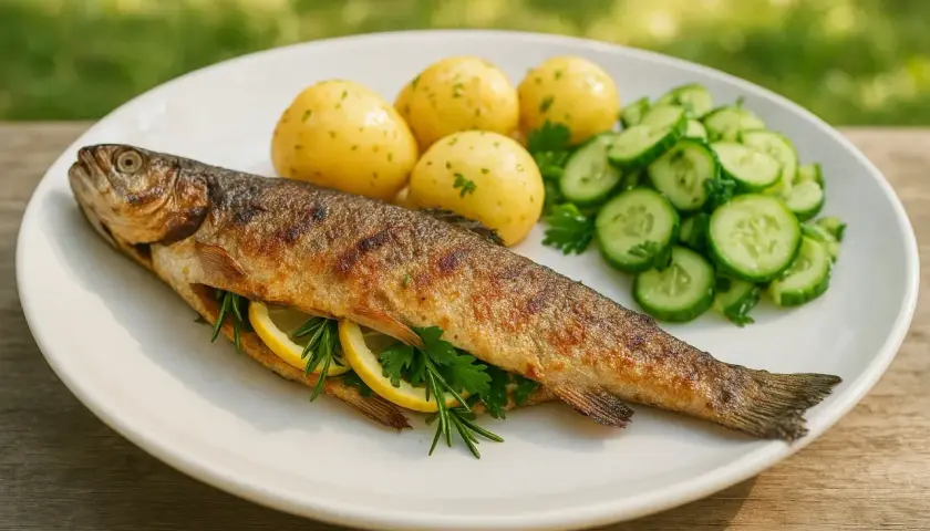 Pstrąg z grilla, podany z ziemniakami i mizerią, pachnie latem i słońcem.