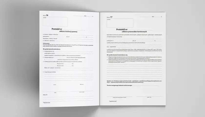 Dziennik budowy wpisy: protokół odbioru instalacji gazowej i przewodów kominowych. Dokumenty zawierają szczegółowe informacje o kontrolach technicznych.