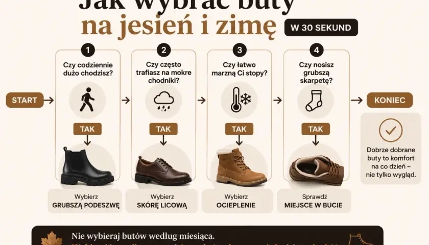 Jakie buty na zimę? Schemat podpowiada: wybierz grubsze podeszwy, skórę licową, ocieplenie i sprawdź miejsce w bucie. Komfort to podstawa!