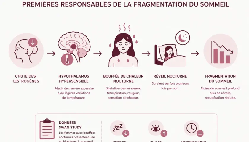 Chute d'œstrogènes, hypothalamus hypersensible, bouffées de chaleur nocturnes, réveils fréquents, fragmentation du sommeil. La fatigue liée à la ménopause est expliquée.