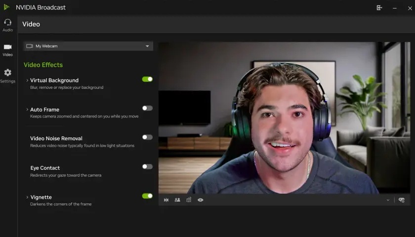 NVIDIA Broadcast-Software mit Video-Effekten wie virtueller Hintergrund und Auto-Frame für ein besseres Streaming-Erlebnis.