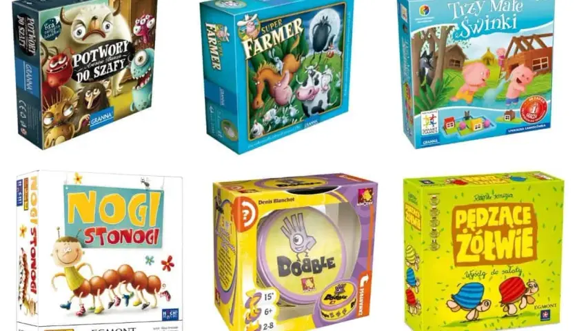 Kolaż pudełek z grami planszowymi dla dzieci: Potwory do szafy, Super Farmer, Trzy małe świnki, Nogi Stonogi, Dobble, Pędzące żółwie.