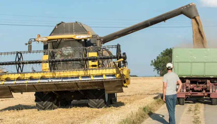 Mähdrescher entlädt Getreide in Anhänger. Ein Mann steht daneben. Dies ist ein Beispiel für Landwirtschaft im Nebenerwerb, bei dem die steuerlichen Aspekte eine Rolle spielen.