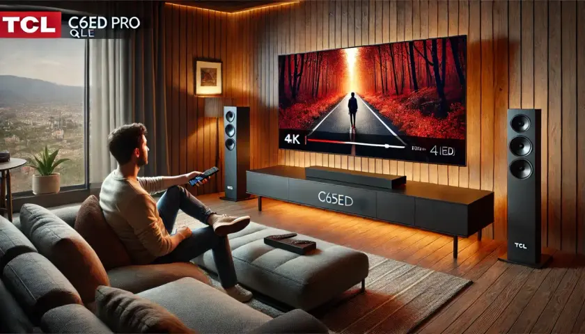 Mężczyzna relaksuje się na kanapie, oglądając film na telewizorze TCL C655.