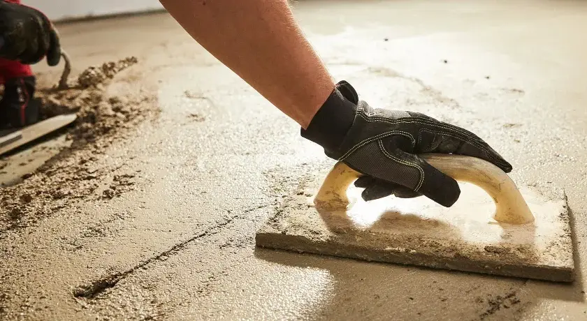 Arbeiter verlegt Estrich mit Glättkelle. Der frische Estrich wird sorgfältig bearbeitet, um eine ebene Fläche zu schaffen.
