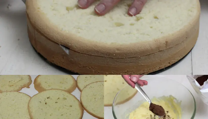 Przygotowanie biszkoptu do zuppa inglese. Krojenie ciasta i dodawanie kakao do kremu.