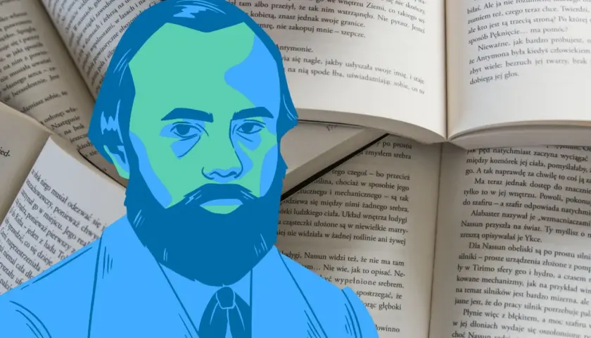 Portret Fiodora Dostojewskiego na tle otwartej książki. Jego biografia jest fascynująca.