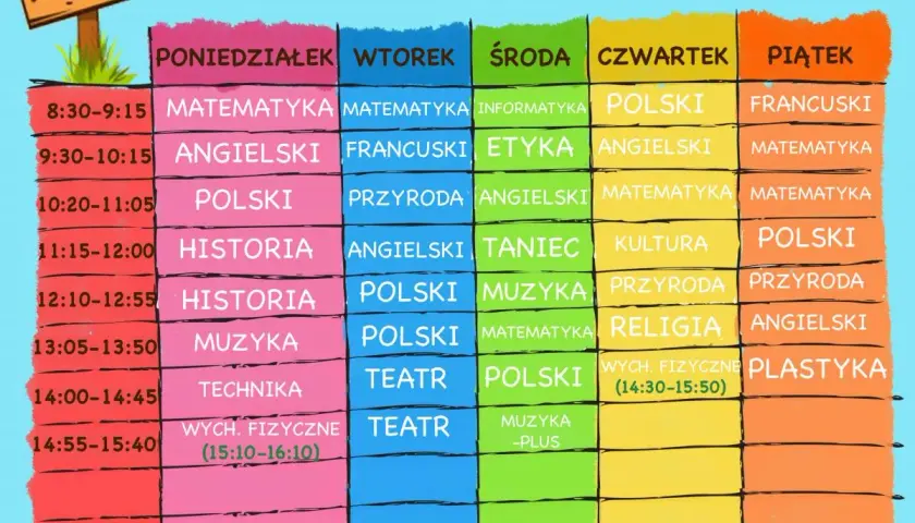 Kolorowy plan lekcji dla klasy 5 z przedmiotami i godzinami.