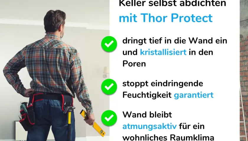 Mann mit Werkzeuggürtel blickt auf Wand. Thor Protect: Keller abdichten, Feuchtigkeit stoppen, Wand bleibt atmungsaktiv. Positive Erfahrungen garantiert.