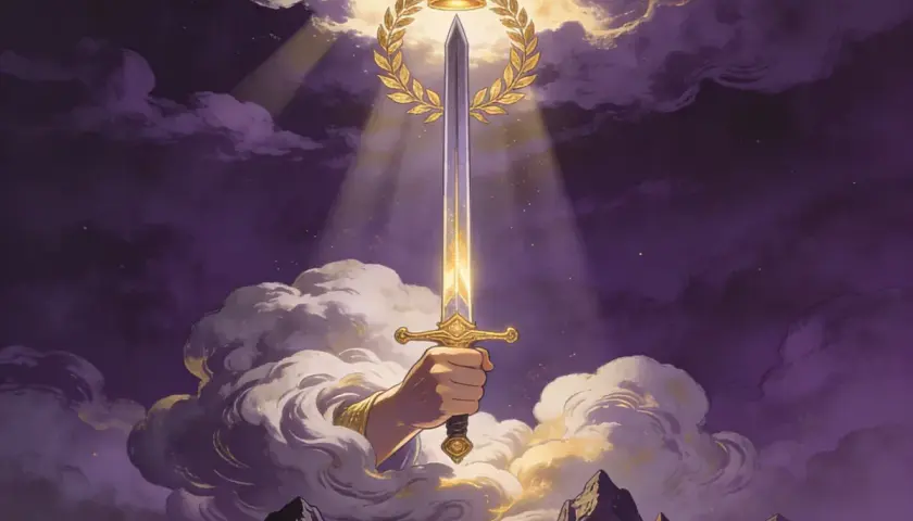 Dłoń wyłaniająca się z chmur dzierży lśniący miecz, symbolizujący zwycięstwo i triumf. Nad nim korona laurowa, niczym w karcie 7 mieczy tarot.