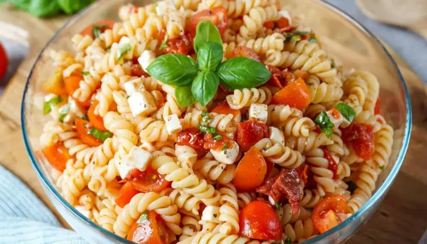 Ein köstlicher mediterraner Nudelsalat mit Fusilli, Kirschtomaten, Mozzarella und Basilikum, garniert mit frischen Basilikumblättern.