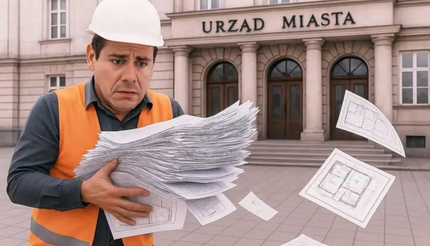 Budowlaniec zmartwiony stertą dokumentów przed Urzędem Miasta. Czy to już zgłoszenie zamiast pozwolenia na budowę?