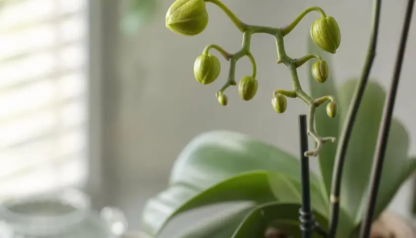 Tige d'orchidée avec plusieurs arrosage orchidée en bouton, prêts à éclore. Les feuilles vertes sont floues en arrière-plan.