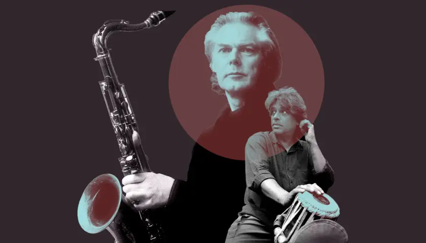 Jan Garbarek i muzyk grający na tabli, z saksofonem w tle.