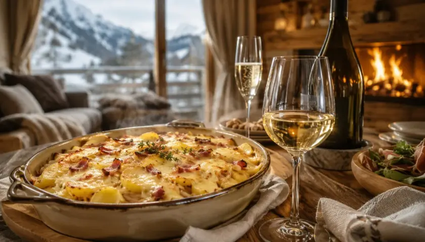 Un plat de tartiflette fumant, prêt à être dégusté avec un verre de vin blanc. Quel vin rosé avec tartiflette ? Une question qui se pose devant ce feu de cheminée.