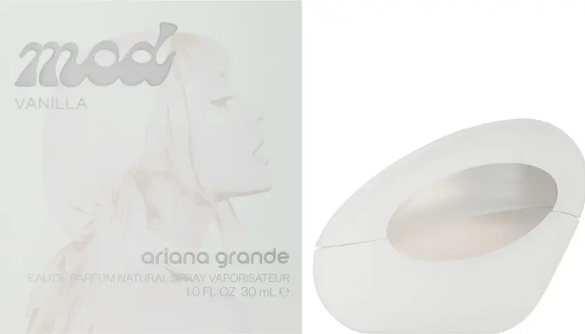 Pudełko i flakonik perfum Ariana Grande Mod Vanilla. Delikatny, waniliowy zapach w nowoczesnym opakowaniu.